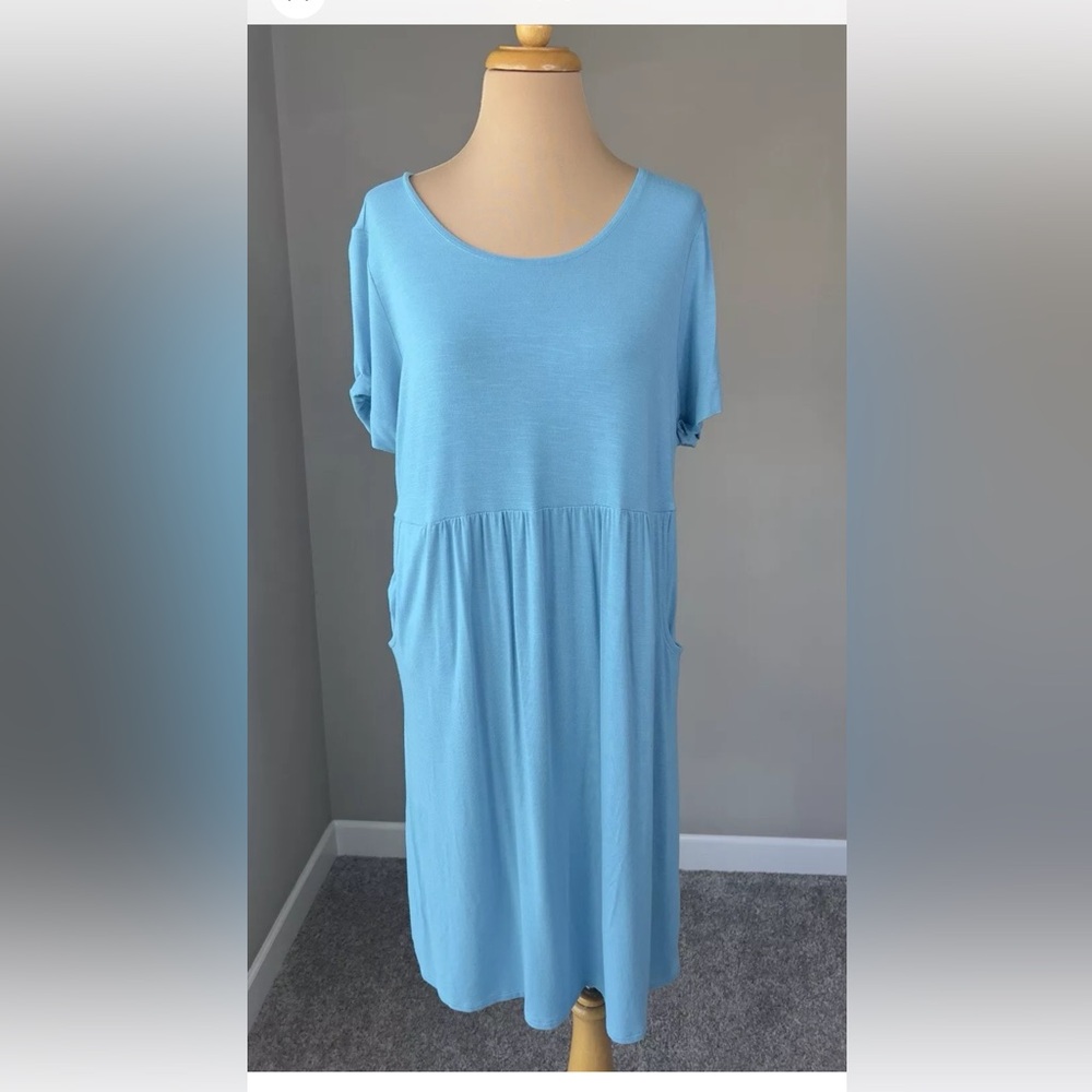 J. Jill Blue Turquoise Jersey Knit Shift Midi Dress With Pockets M